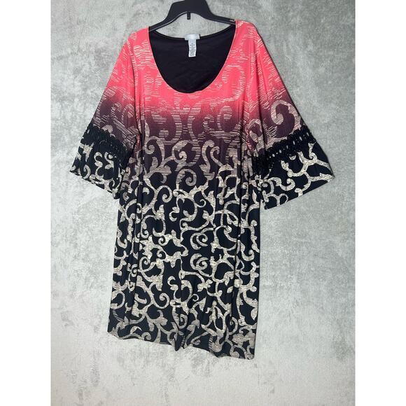 Catherine's Shift Dress Size 2X Pink Ombre Scrolls 3/4 Sleeve Boho Western Rodeo - Picture 1 of 7